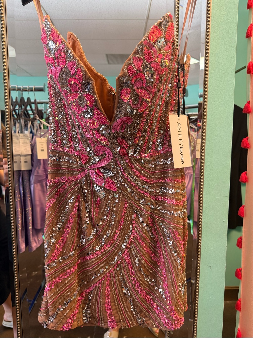 NWT Ashley Lauren 4500 Strapless Pink/Nude Sz 6 Embellished Sequin Mini Dress - Picture 2 of 3